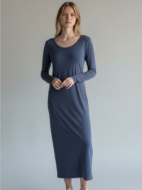 Eileen Fisher Long-Sleeve Scoop Neck Dress in Slate Blue